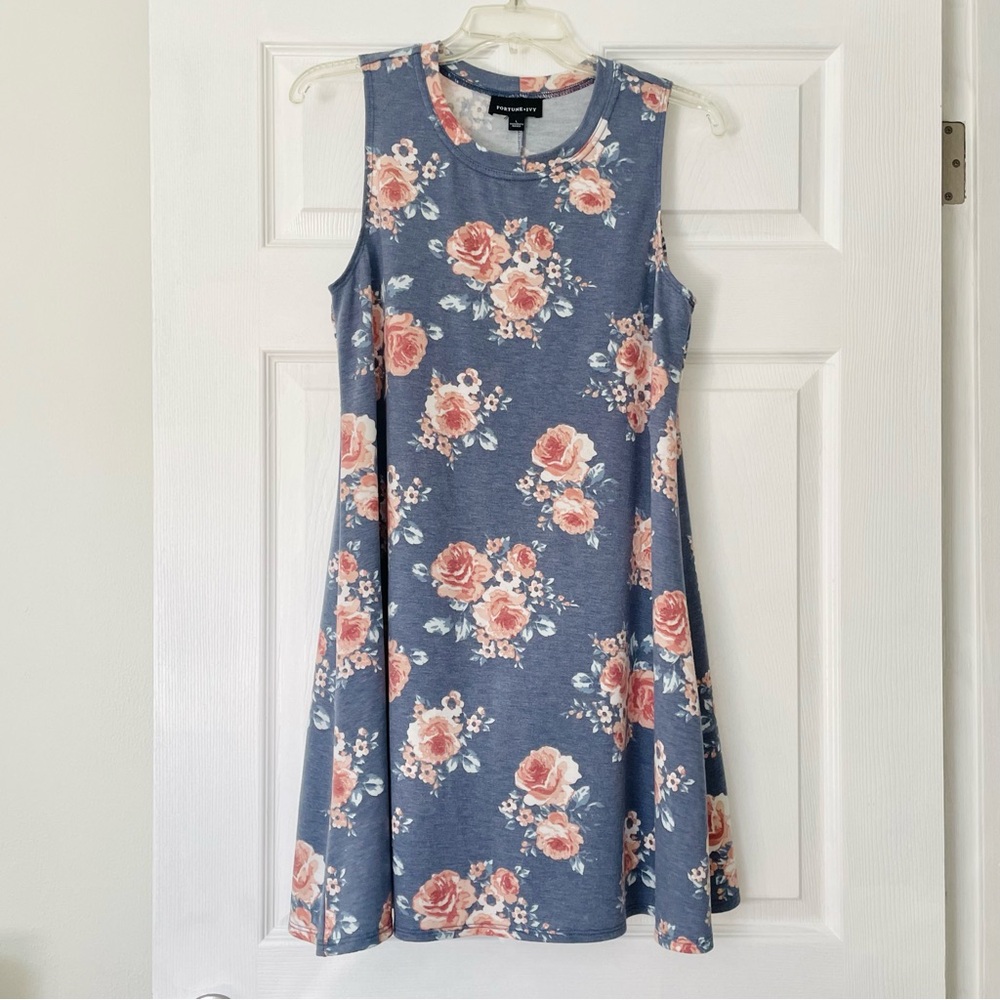 Rayon blend knit floral sleeveless boho a-lined dress